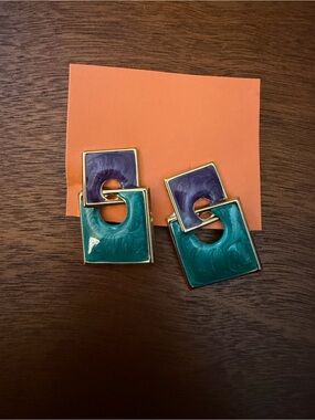 Gold-Trim Teal and Purple Geometric Drop Earrings